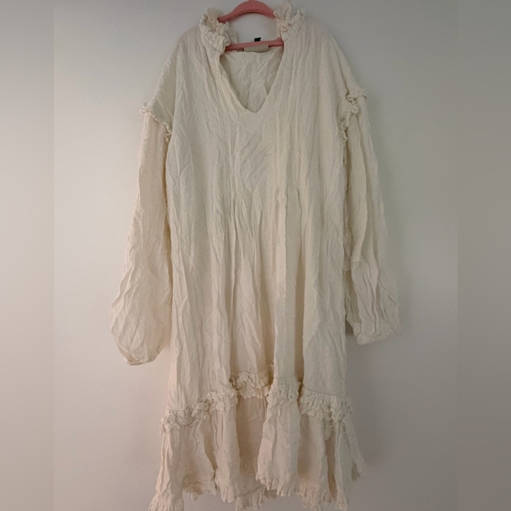 FARM Rio Boho Gauze V-Neck Long Sleeve Dress in Cream